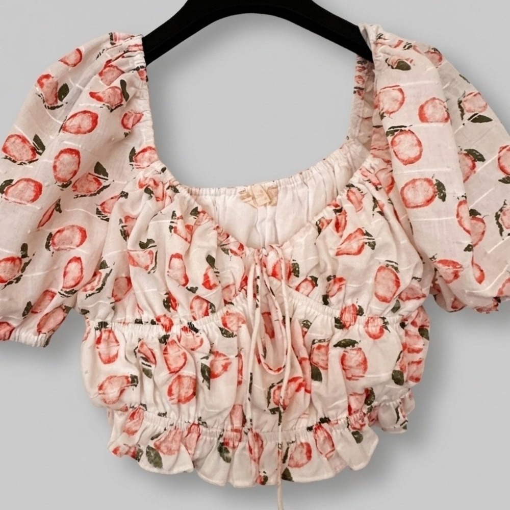 Altar'd State Peach Fruit Print Puff Sleeve Smocked Crop Top Soft Girl Milkmaid